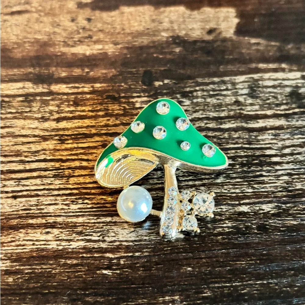 Mint Green Enamel Mushroom Brooch with Faux Pearl &‎ Rhinestones